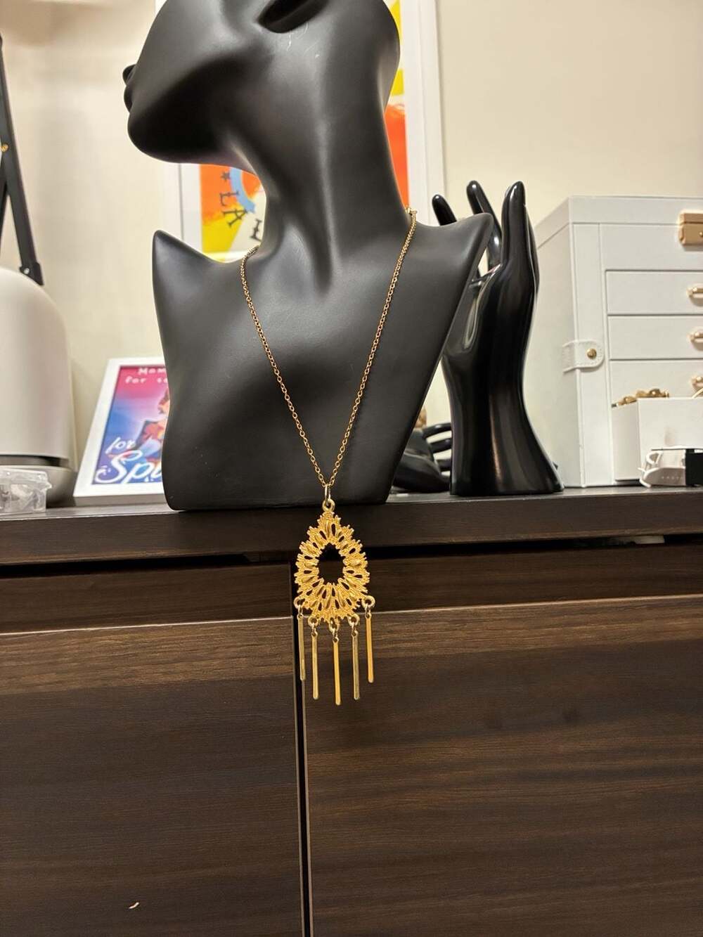 Upcycled Vintage 1970s Gold Tone Boho Ornate Pendant Necklace
